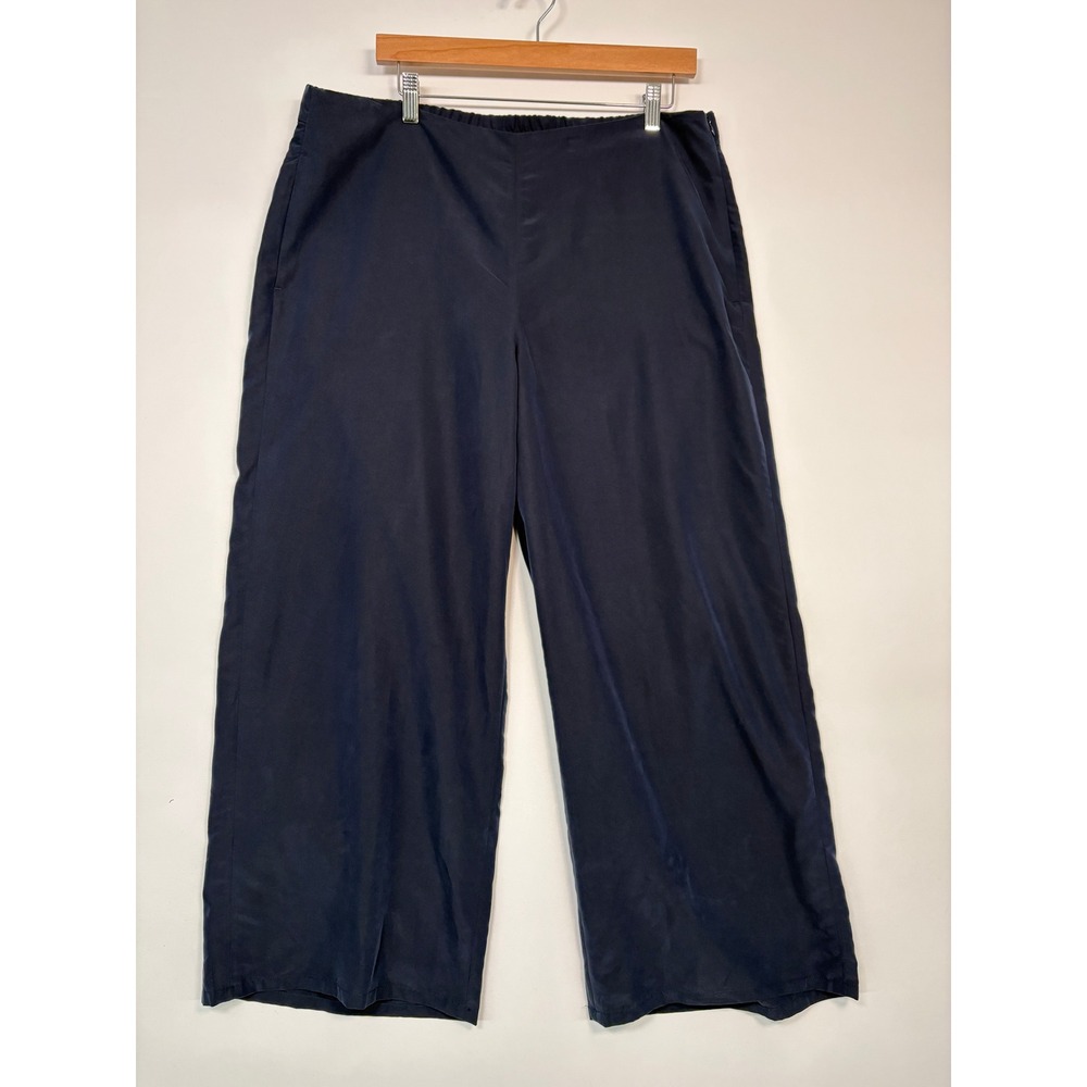NWT J. Jill Women Pants L Navy Blue Wide Leg Side Zip Crop 218731 Satin Coastal